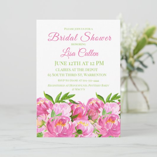 Watercolor Roze Pioen Bruidsfeest Script Kaart (Staand voorkant)