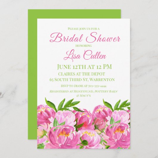 Watercolor Roze Pioen Bruidsfeest Script Kaart (Voorkant / Achterkant)