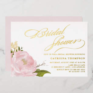 Watercolor Roze Pioen Bruiloft Feest Goud Folie Uitnodiging