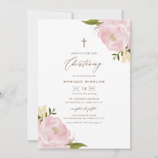 Watercolor Roze Pioen Doop Kaart (Voorkant)