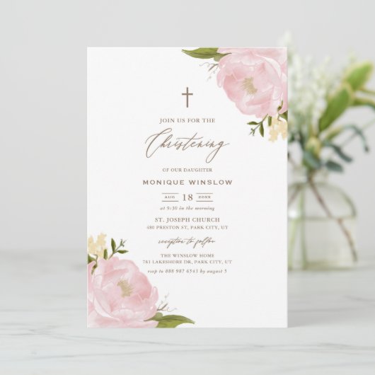 Watercolor Roze Pioen Doop Kaart (Staand voorkant)