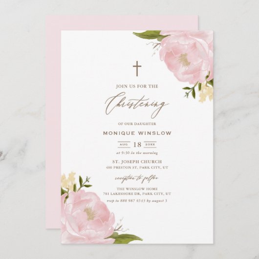 Watercolor Roze Pioen Doop Kaart (Voorkant / Achterkant)