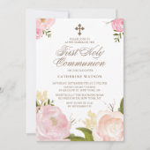 Watercolor Roze Pioenrozen Eerste Heilige Communie Kaart (Voorkant)