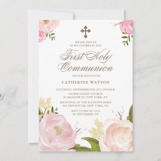 Watercolor Roze Pioenrozen Eerste Heilige Communie Kaart (Voorkant)