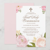 Watercolor Roze Pioenrozen Eerste Heilige Communie Kaart (Voorkant / Achterkant)