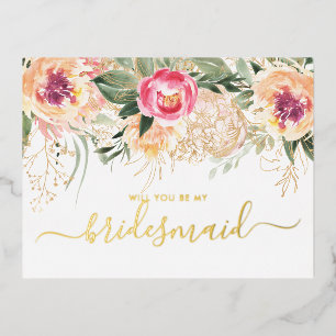 Watercolor Roze Pioenrozen Wil Je Mijn Bruidsmeisj Folie Uitnodiging Briefkaart