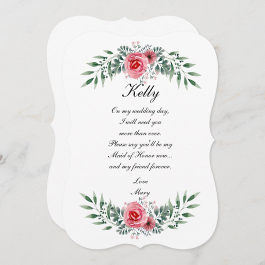 Watercolor Roze Roos Groene Bladeren Erebruidsmeis Kaart (Voorkant / Achterkant)