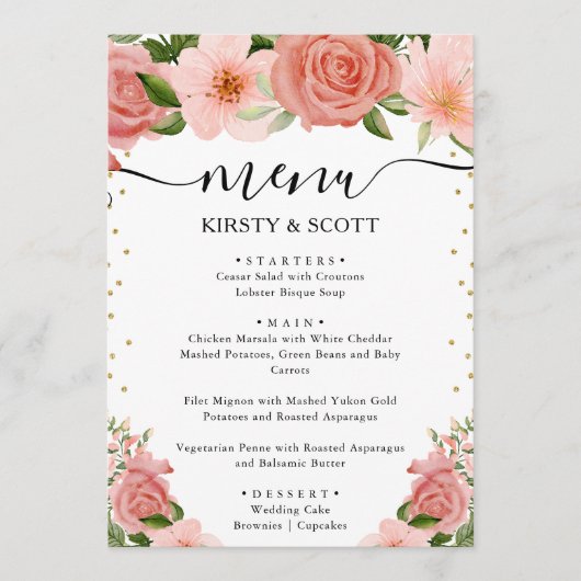 Watercolor Roze Rozen Bloemen Bruiloft Menu (Voorkant)