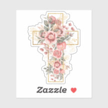 Watercolor Roze Rozen Bloemstuk met Gouden Kruis