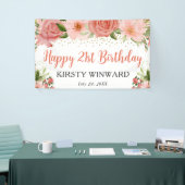 Watercolor Roze Rozen Boho Verjaardagsfeest Spandoek (Beurs)