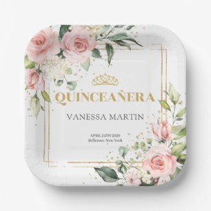Watercolor Roze rozen eucalyptus goud quinceanera Papieren Bordje