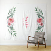 Watercolor Roze Rozen Groene Bladeren Bruiloft Wandkleed (In Situ (horizontaal))