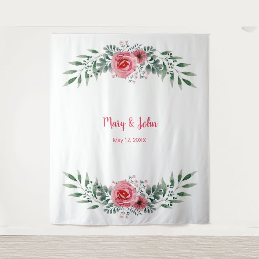 Watercolor Roze Rozen Groene Bladeren Bruiloft Wandkleed (Voorkant)