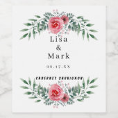 Watercolor Roze Rozen Groene Bladeren Bruiloft Wijn Etiket (Enkel label)