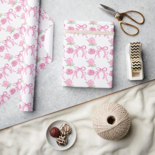 Watercolor Roze Rozen & Strikken Cadeaupapier (Crafts)
