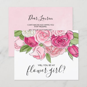 Watercolor Roze Rozen Wees Mijn Bloemenmeisje Kaar Kaart
