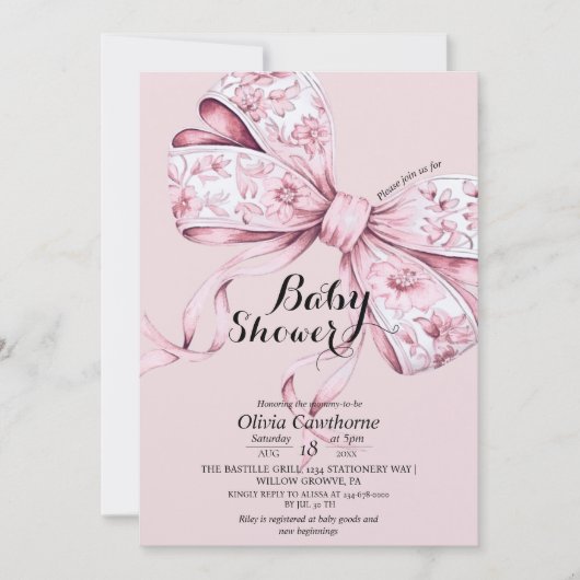 Watercolor Roze Strik Babyshower Uitnodiging (Voorkant)