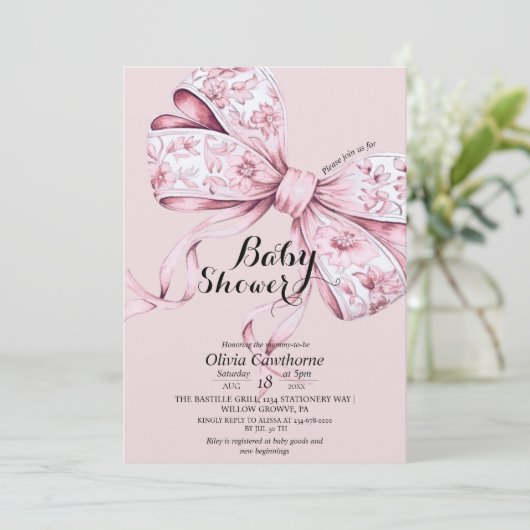 Watercolor Roze Strik Babyshower Uitnodiging (Staand voorkant)