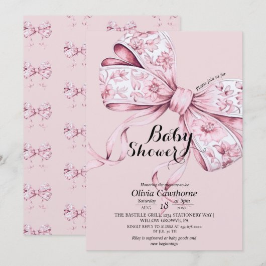Watercolor Roze Strik Babyshower Uitnodiging (Voorkant / Achterkant)