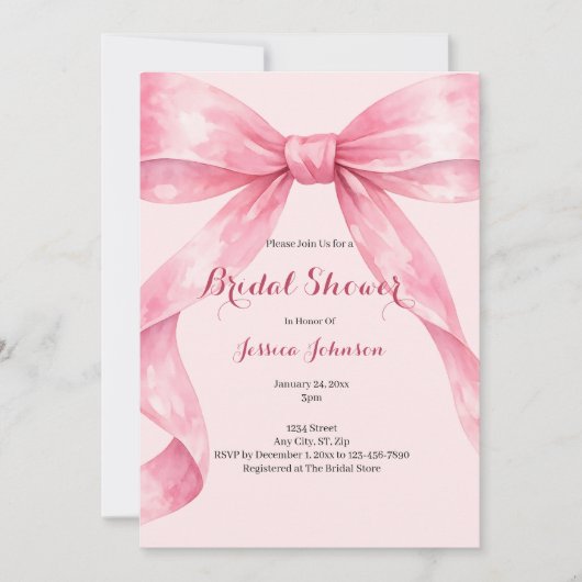 Watercolor Roze Strik Bruidsdouche Kaart (Voorkant)