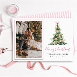 Watercolor Roze Strik Kerstboom Foto Feestdagenkaart
