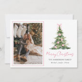 Watercolor Roze Strik Kerstboom Foto Feestdagenkaart (Voorkant)