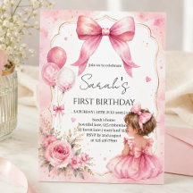 Watercolor Roze Strik Meisje Verjaardagsuitnodigin