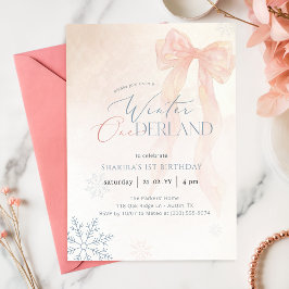 Watercolor Roze Strik Winter Onederland 1e Verjaar Kaart