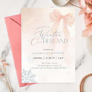Watercolor Roze Strik Winter Onederland 1e Verjaar Kaart