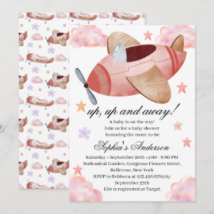 Watercolor Roze Vliegtuig Baby Shower Uitnodiging