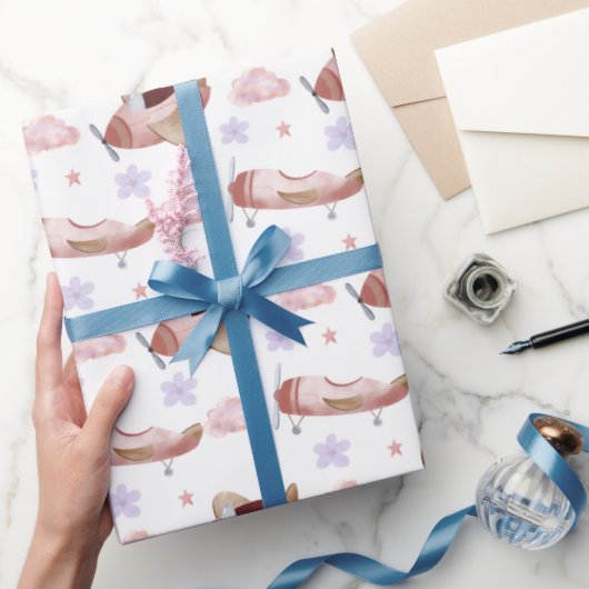 Watercolor Roze Vliegtuig Cadeaupapier (Geschenken)