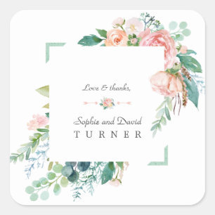 Watercolor Roze Witte Bloemen Groene Frame Trouw Vierkante Sticker