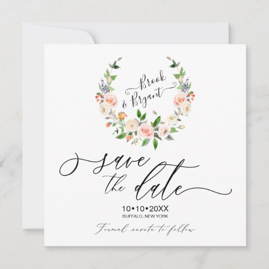 Watercolor Roze Wreath Save the Date Kaart (Voorkant)