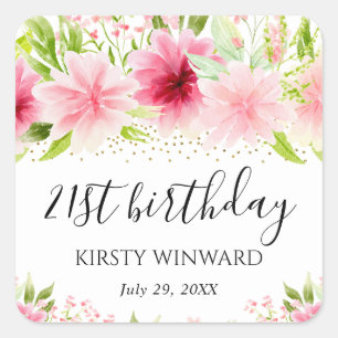 Watercolor Roze Zomer Bloemen Verjaardag Vierkante Sticker
