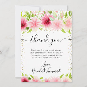 Watercolor Roze Zomerbloemen Quinceanera Bedankkaart