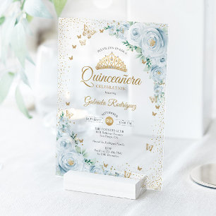 Watercolor Rozen Baby Blauwe Bloemige Quinceanera Acryl Uitnodigingen