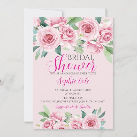 Watercolor Rozen Bruidsfeest Uitnodiging (Voorkant)