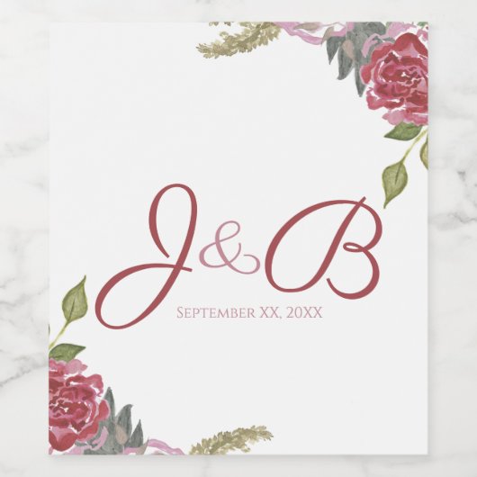 Watercolor Rozen Bruiloft Wijn Etiket (Enkel label)