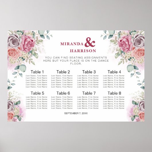 Watercolor Rozen Bruiloft Zitplaatskaart Poster (Voorkant)