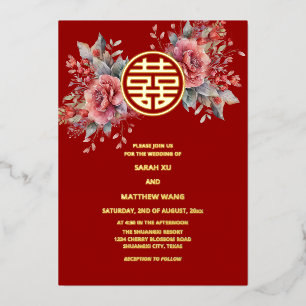 Watercolor Rozen Chinese Huwelijk Folie Uitnodiging