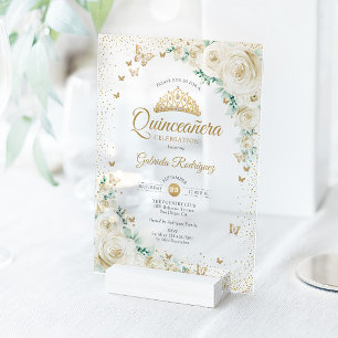 Watercolor Rozen Crème Goud Bloemige Quinceanera Acryl Uitnodigingen