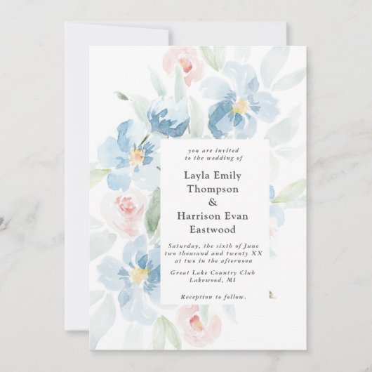 Watercolor Rozen en Blauwe Trouw Uitnodiging (Voorkant)