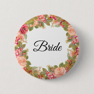 Watercolor Rozen & Glitter Bruid Speld Ronde Button 5,7 Cm