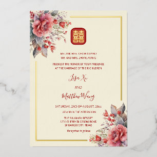 Watercolor Rozen Goud Chinese Trouwdag Folie Uitnodiging