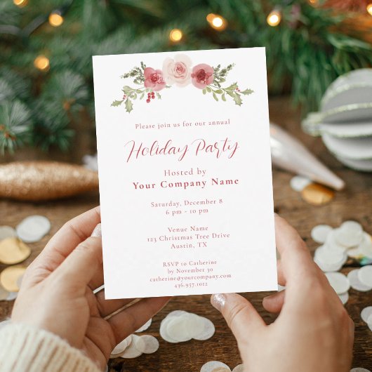 Watercolor Rozen & Hulst Bedrijfs Kerstfeest Kaart