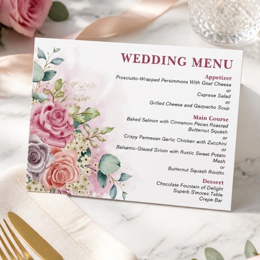 Watercolor Rozen Huwelijksmenu Menu