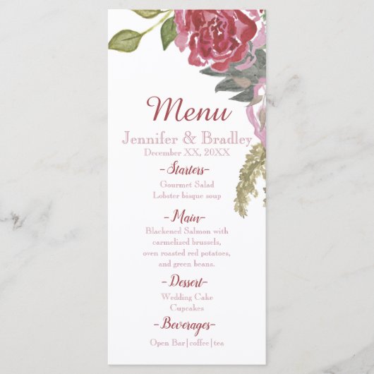 Watercolor Rozen Huwelijksmenu Menu (Voorkant)