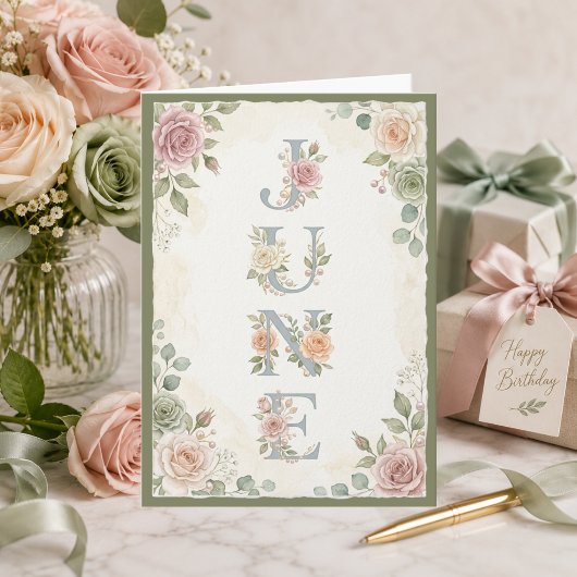 Watercolor Rozen Juni Typografie Juni Verjaardag Kaart