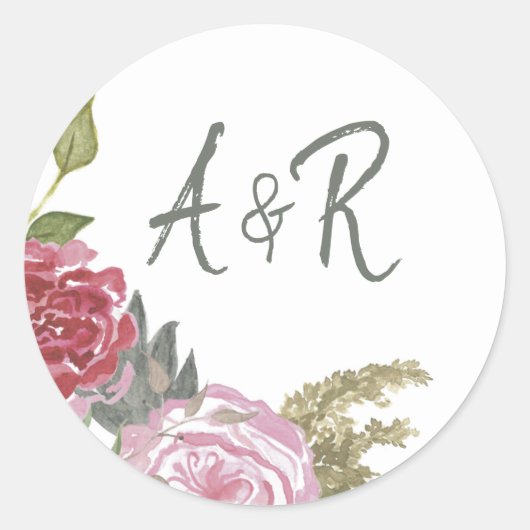 Watercolor Rozen Monogram Bloemen Ronde Sticker (Voorkant)