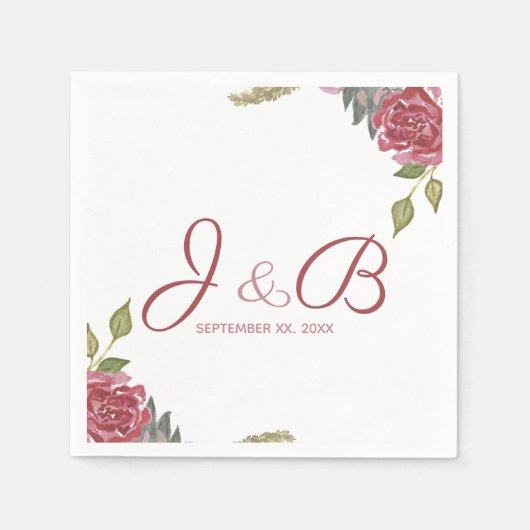 Watercolor Rozen Monogram Huwelijk Servet (Voorkant)